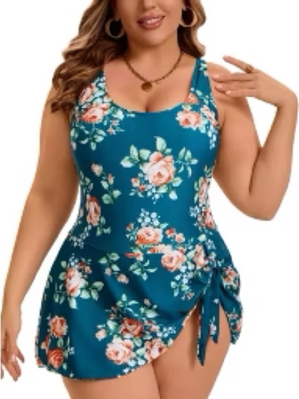Womens Plus Size Swim Dress Floral Teal Swimwear
